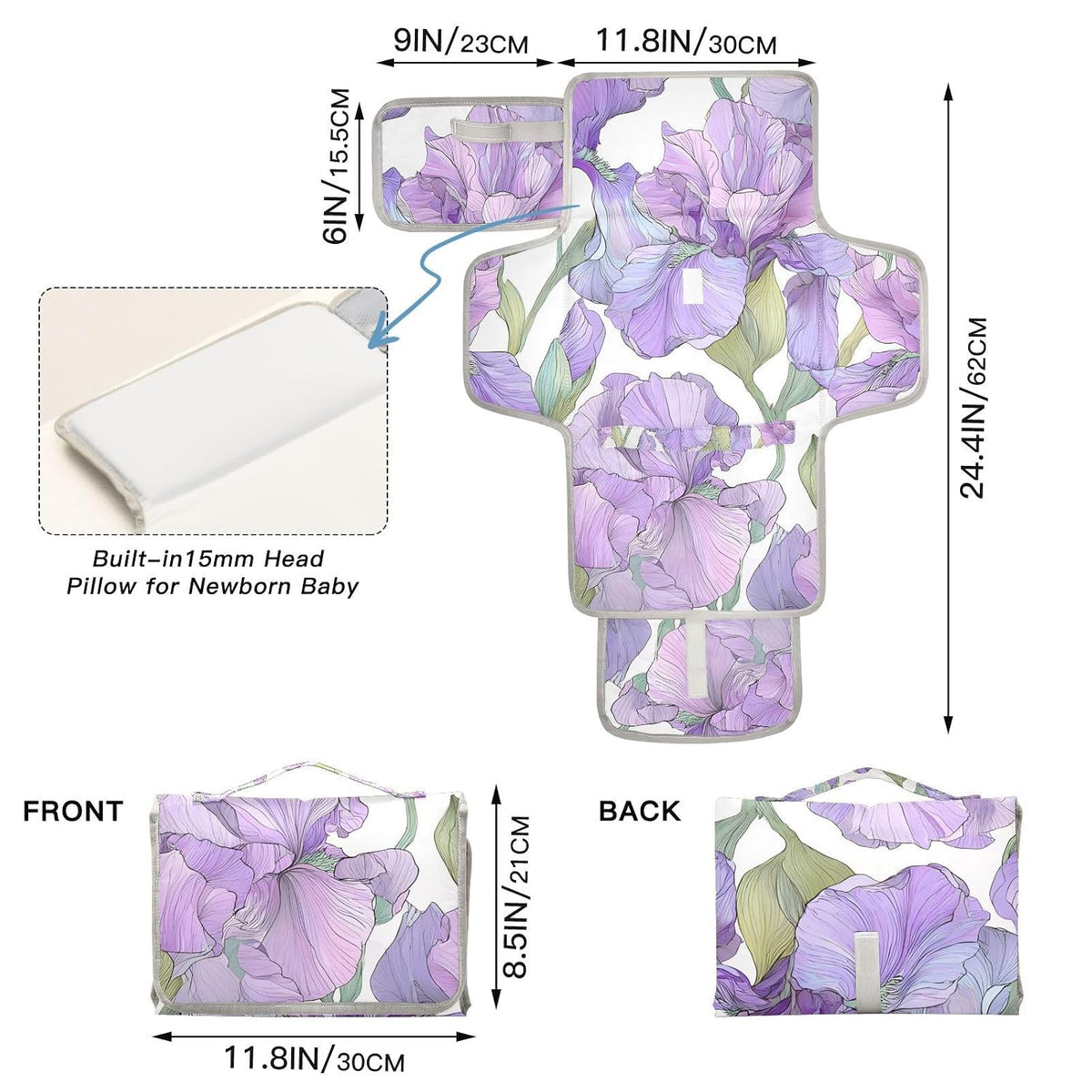 Pastel Purple Iris Portable Diaper Changing Pad for Newborn Girl & Boy - Baby Changing Pad Lightweight Waterproof Travel Changing Kit