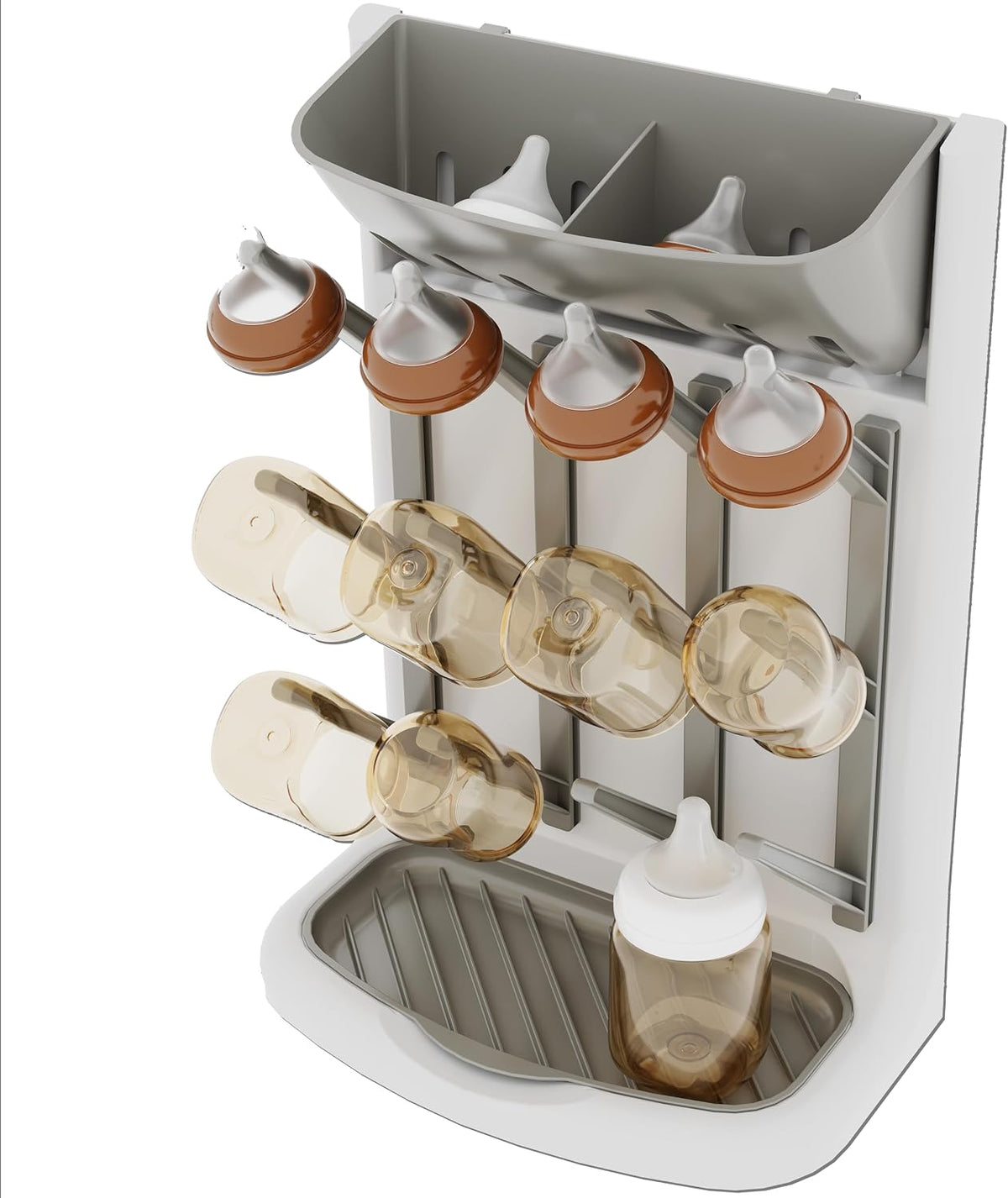 Baby Bottle Drying Rack,Space Saving Countertop Drying Rack for Baby Accessory & Pump Parts,Suction Cup Wall Mounted Bottle Rack Holder Large Vertical Drying Tower,Grey and White