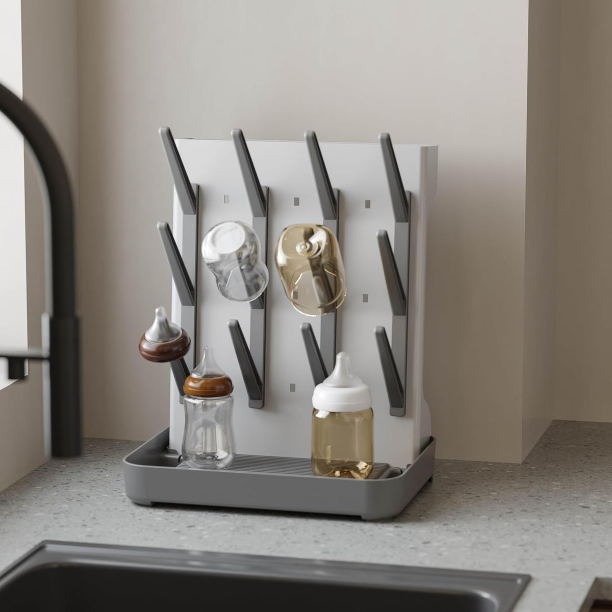 Baby Bottle Drying Rack,Space Saving Countertop Drying Rack for Baby Accessory & Pump Parts,Suction Cup Wall Mounted Bottle Rack Holder Large Vertical Drying Tower,Grey and White