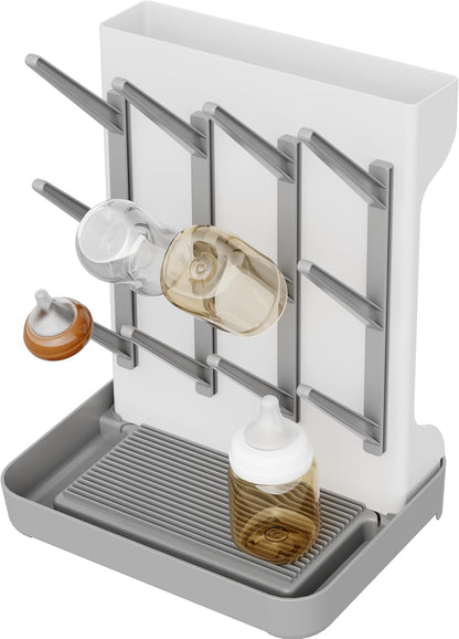 Baby Bottle Drying Rack,Space Saving Countertop Drying Rack for Baby Accessory & Pump Parts,Suction Cup Wall Mounted Bottle Rack Holder Large Vertical Drying Tower,Grey and White