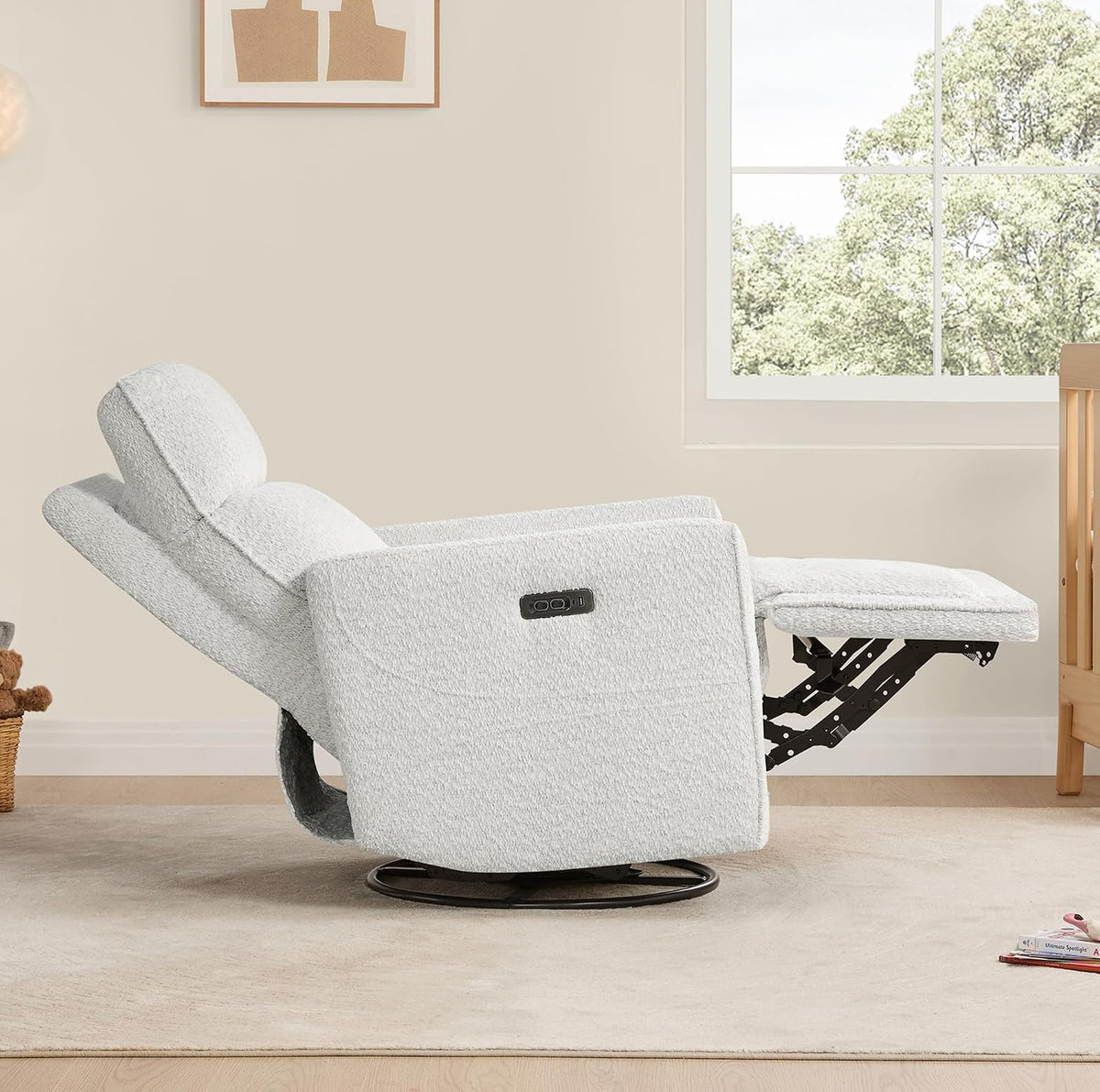 Power Swivel Glider Recliner Chair with Power Headrest, Boucle White