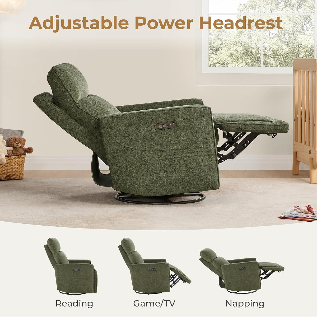 Power Swivel Glider Recliner Chair with Power Headrest, Boucle White