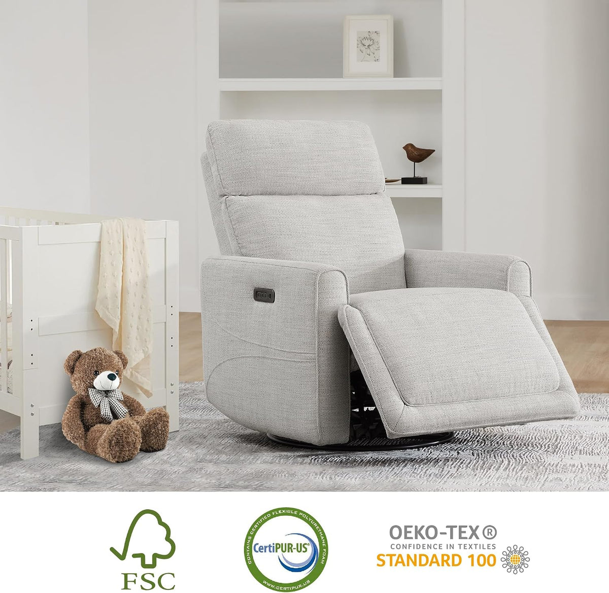 Power Swivel Glider Recliner Chair with Power Headrest, Boucle White