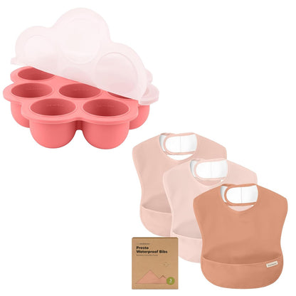 Silicone Baby Food Freezer Tray with Clip-on Lid & 3-Pack Waterproof Baby Bibs for Eating - 2oz x 10 Pods Baby Food Silicone Freezer Mold- Lightweight Toddler Bibs - Breast Milk Freezer Tray