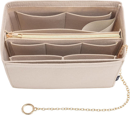 Purse Organizer Insert, Handbag Organizer with Zipper, Tote Shaper with Cup Holder & Keychain, Compatible with LV, Neverfull, MK, COACH, Longchamp, Kate Spade – Black Med
