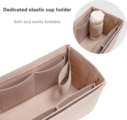 Purse Organizer Insert, Handbag Organizer with Zipper, Tote Shaper with Cup Holder & Keychain, Compatible with LV, Neverfull, MK, COACH, Longchamp, Kate Spade – Black Med