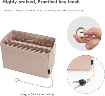 Purse Organizer Insert, Handbag Organizer with Zipper, Tote Shaper with Cup Holder & Keychain, Compatible with LV, Neverfull, MK, COACH, Longchamp, Kate Spade – Black Med