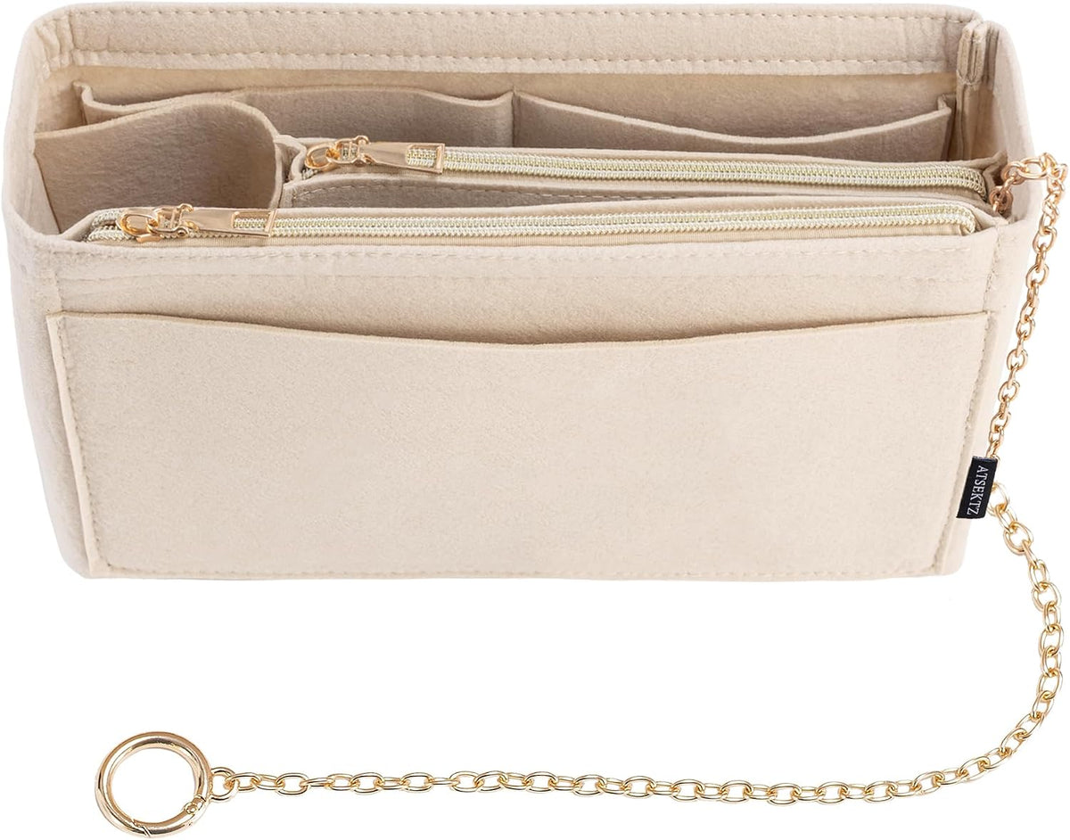Purse Organizer Insert, Handbag Organizer with Zipper, Tote Shaper with Cup Holder & Keychain, Compatible with LV, Neverfull, MK, COACH, Longchamp, Kate Spade – Black Med