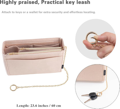 Purse Organizer Insert, Handbag Organizer with Zipper, Tote Shaper with Cup Holder & Keychain, Compatible with LV, Neverfull, MK, COACH, Longchamp, Kate Spade – Black Med
