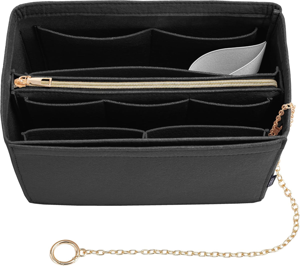 Purse Organizer Insert, Handbag Organizer with Zipper, Tote Shaper with Cup Holder & Keychain, Compatible with LV, Neverfull, MK, COACH, Longchamp, Kate Spade – Black Med