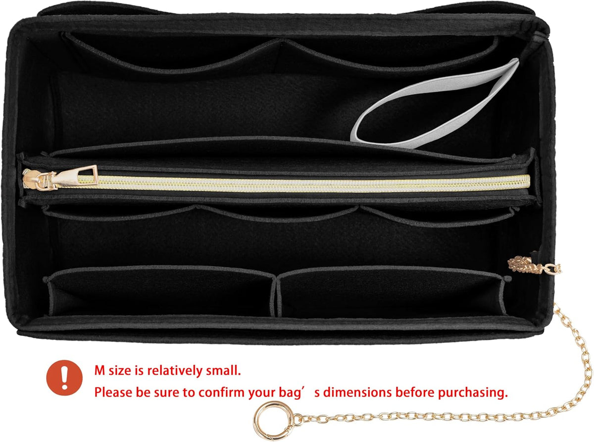 Purse Organizer Insert, Handbag Organizer with Zipper, Tote Shaper with Cup Holder & Keychain, Compatible with LV, Neverfull, MK, COACH, Longchamp, Kate Spade – Black Med