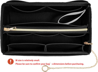 Purse Organizer Insert, Handbag Organizer with Zipper, Tote Shaper with Cup Holder & Keychain, Compatible with LV, Neverfull, MK, COACH, Longchamp, Kate Spade – Black Med