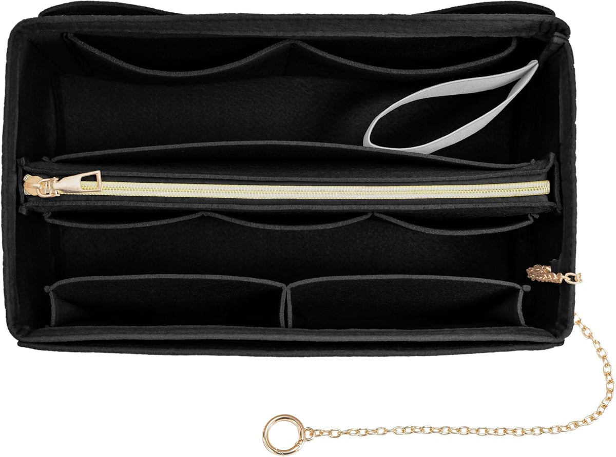 Purse Organizer Insert, Handbag Organizer with Zipper, Tote Shaper with Cup Holder & Keychain, Compatible with LV, Neverfull, MK, COACH, Longchamp, Kate Spade – Black Med