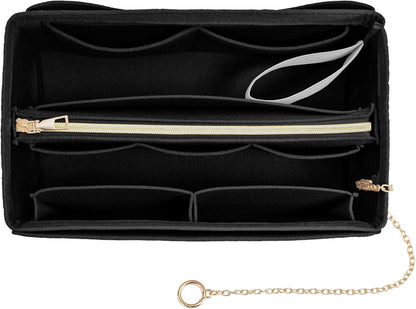 Purse Organizer Insert, Handbag Organizer with Zipper, Tote Shaper with Cup Holder & Keychain, Compatible with LV, Neverfull, MK, COACH, Longchamp, Kate Spade – Black Med