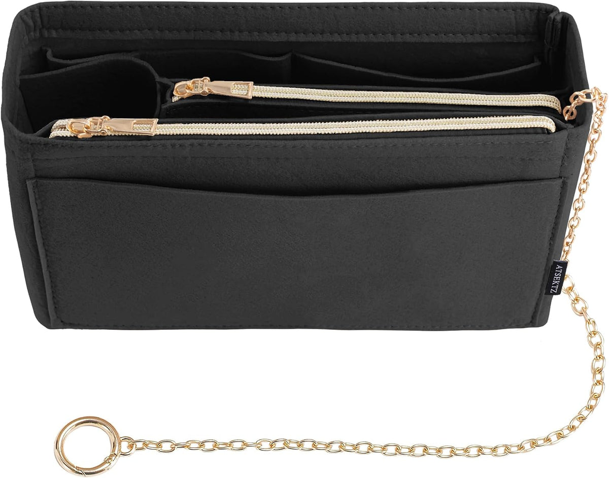 Purse Organizer Insert, Handbag Organizer with Zipper, Tote Shaper with Cup Holder & Keychain, Compatible with LV, Neverfull, MK, COACH, Longchamp, Kate Spade – Black Med