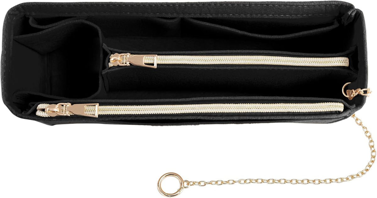 Purse Organizer Insert, Handbag Organizer with Zipper, Tote Shaper with Cup Holder & Keychain, Compatible with LV, Neverfull, MK, COACH, Longchamp, Kate Spade – Black Med