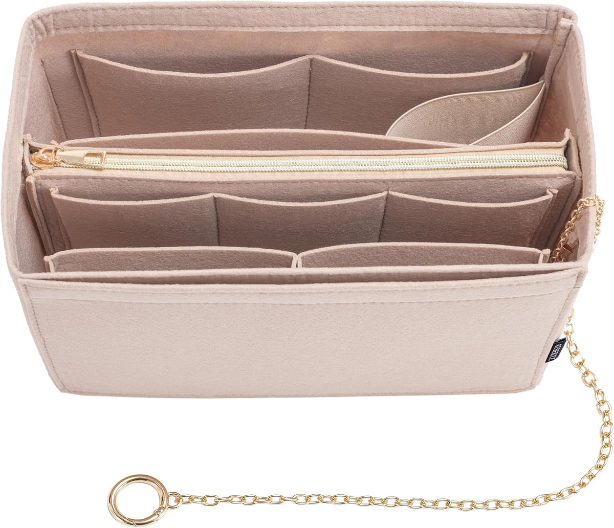 Purse Organizer Insert, Handbag Organizer with Zipper, Tote Shaper with Cup Holder & Keychain, Compatible with LV, Neverfull, MK, COACH, Longchamp, Kate Spade – Black Med
