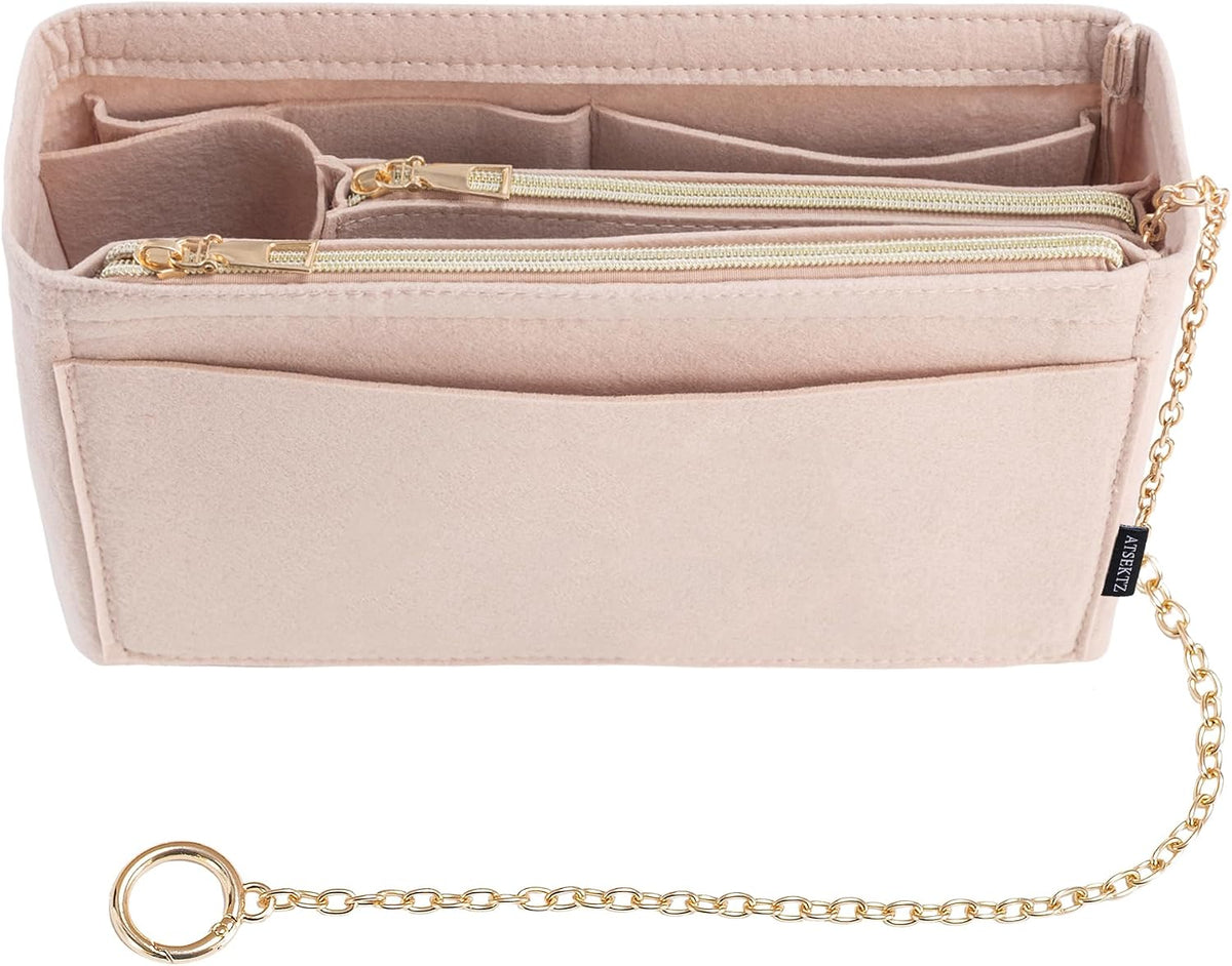 Purse Organizer Insert, Handbag Organizer with Zipper, Tote Shaper with Cup Holder & Keychain, Compatible with LV, Neverfull, MK, COACH, Longchamp, Kate Spade – Black Med