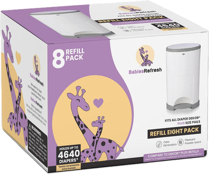 Refills Compatible with DEKOR PLUS Diaper Pail Refills | 8 Pack | Diaper Pail Odor Eliminator| Fresh Powder Scent | Each Diaper Bag Refill Holds up to 4640 Diapers | Diaper bin refill