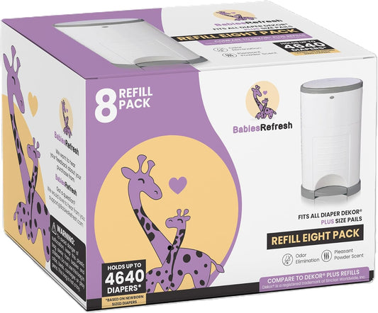 Refills Compatible with DEKOR PLUS Diaper Pail Refills | 8 Pack | Diaper Pail Odor Eliminator| Fresh Powder Scent | Each Diaper Bag Refill Holds up to 4640 Diapers | Diaper bin refill