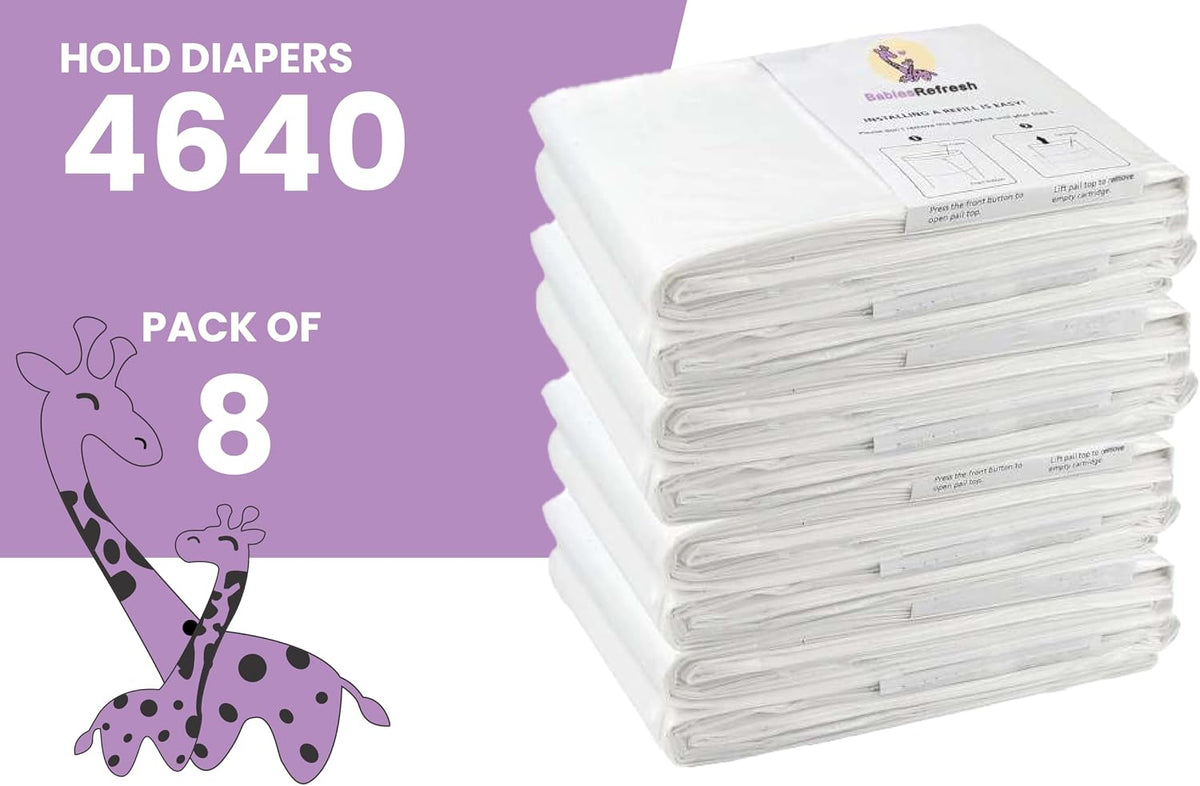 Refills Compatible with DEKOR PLUS Diaper Pail Refills | 8 Pack | Diaper Pail Odor Eliminator| Fresh Powder Scent | Each Diaper Bag Refill Holds up to 4640 Diapers | Diaper bin refill