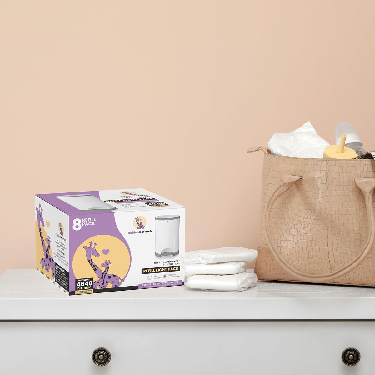 Refills Compatible with DEKOR PLUS Diaper Pail Refills | 8 Pack | Diaper Pail Odor Eliminator| Fresh Powder Scent | Each Diaper Bag Refill Holds up to 4640 Diapers | Diaper bin refill