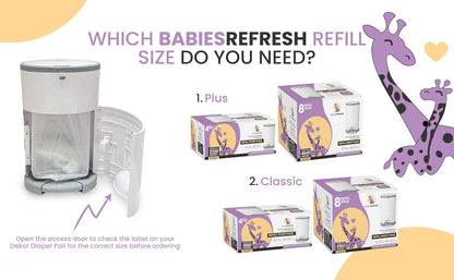 Refills Compatible with DEKOR PLUS Diaper Pail Refills | 8 Pack | Diaper Pail Odor Eliminator| Fresh Powder Scent | Each Diaper Bag Refill Holds up to 4640 Diapers | Diaper bin refill