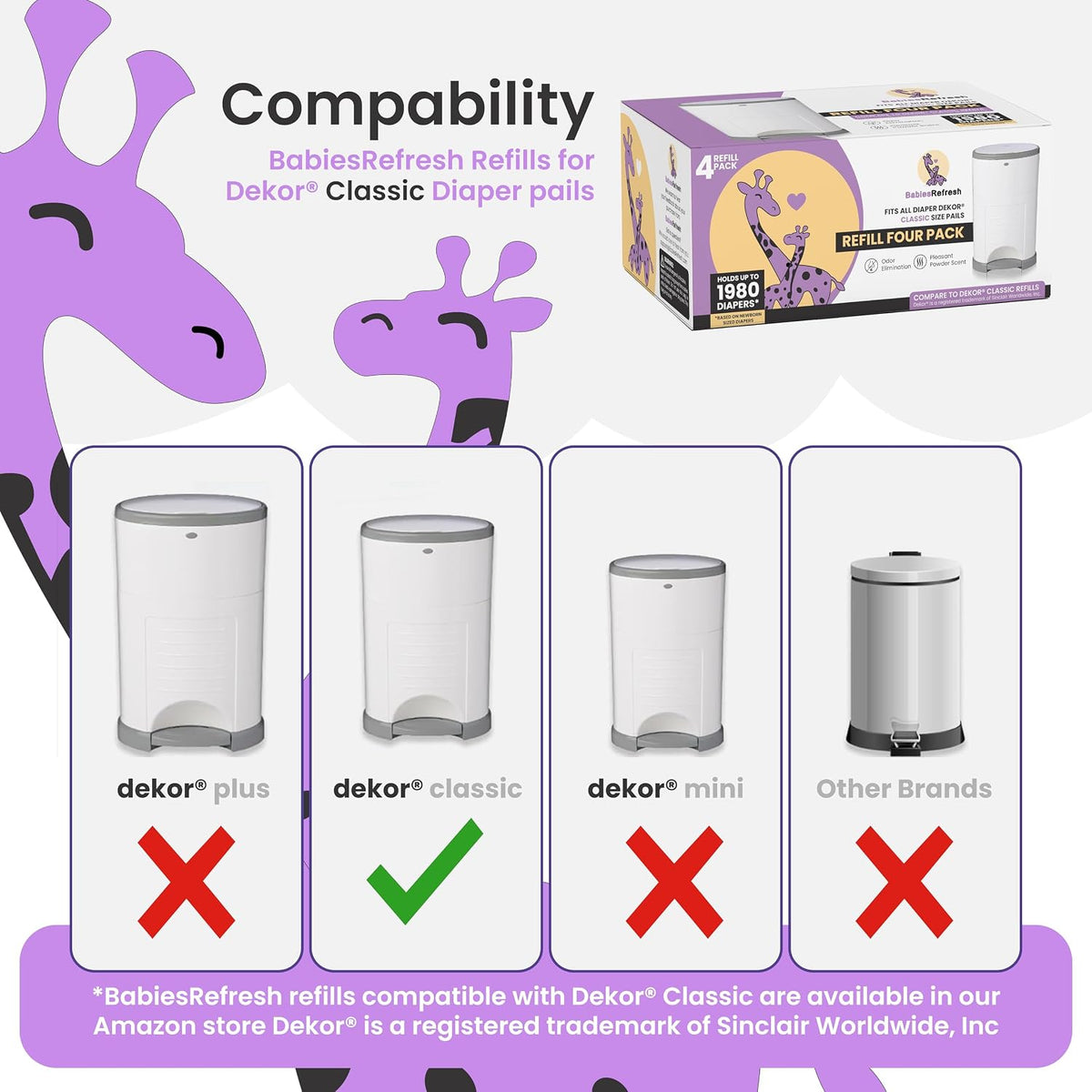 Refills Compatible with DEKOR PLUS Diaper Pail Refills | 8 Pack | Diaper Pail Odor Eliminator| Fresh Powder Scent | Each Diaper Bag Refill Holds up to 4640 Diapers | Diaper bin refill