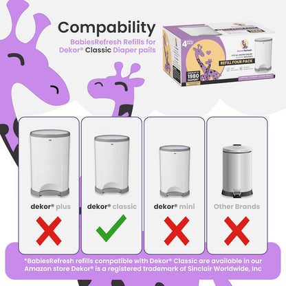 Refills Compatible with DEKOR PLUS Diaper Pail Refills | 8 Pack | Diaper Pail Odor Eliminator| Fresh Powder Scent | Each Diaper Bag Refill Holds up to 4640 Diapers | Diaper bin refill