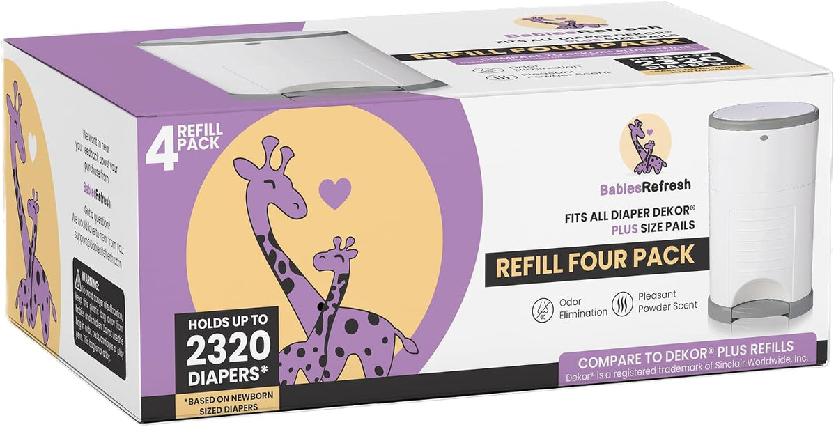 Refills Compatible with DEKOR PLUS Diaper Pail Refills | 8 Pack | Diaper Pail Odor Eliminator| Fresh Powder Scent | Each Diaper Bag Refill Holds up to 4640 Diapers | Diaper bin refill