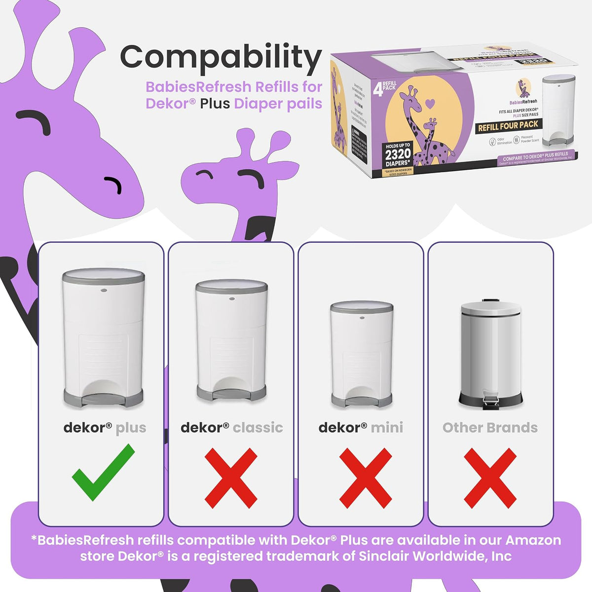 Refills Compatible with DEKOR PLUS Diaper Pail Refills | 8 Pack | Diaper Pail Odor Eliminator| Fresh Powder Scent | Each Diaper Bag Refill Holds up to 4640 Diapers | Diaper bin refill