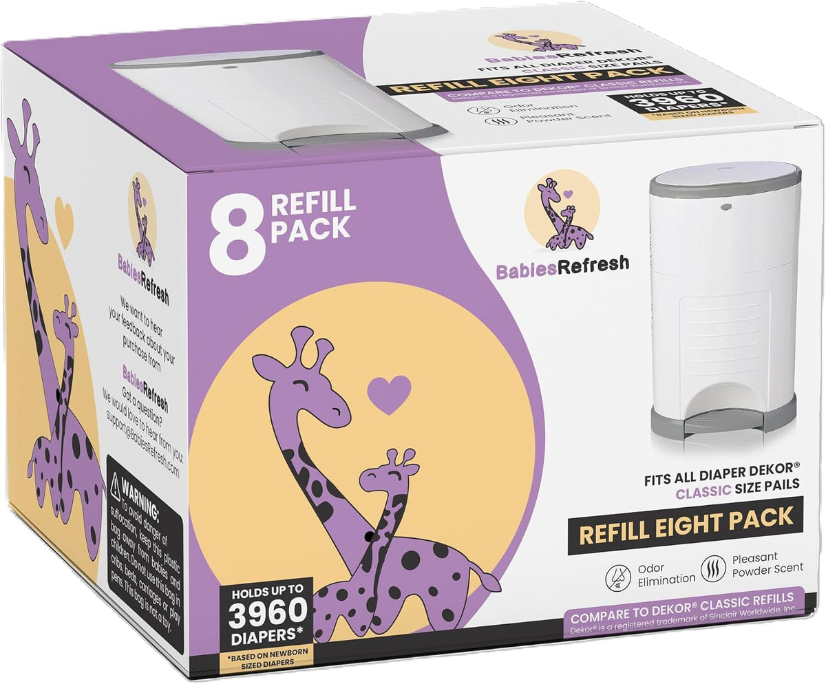 Refills Compatible with DEKOR PLUS Diaper Pail Refills | 8 Pack | Diaper Pail Odor Eliminator| Fresh Powder Scent | Each Diaper Bag Refill Holds up to 4640 Diapers | Diaper bin refill