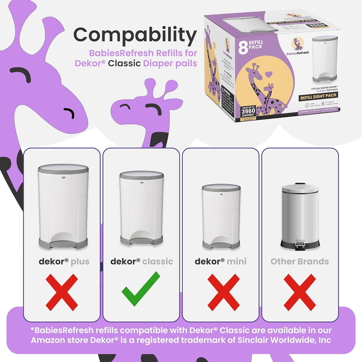 Refills Compatible with DEKOR PLUS Diaper Pail Refills | 8 Pack | Diaper Pail Odor Eliminator| Fresh Powder Scent | Each Diaper Bag Refill Holds up to 4640 Diapers | Diaper bin refill