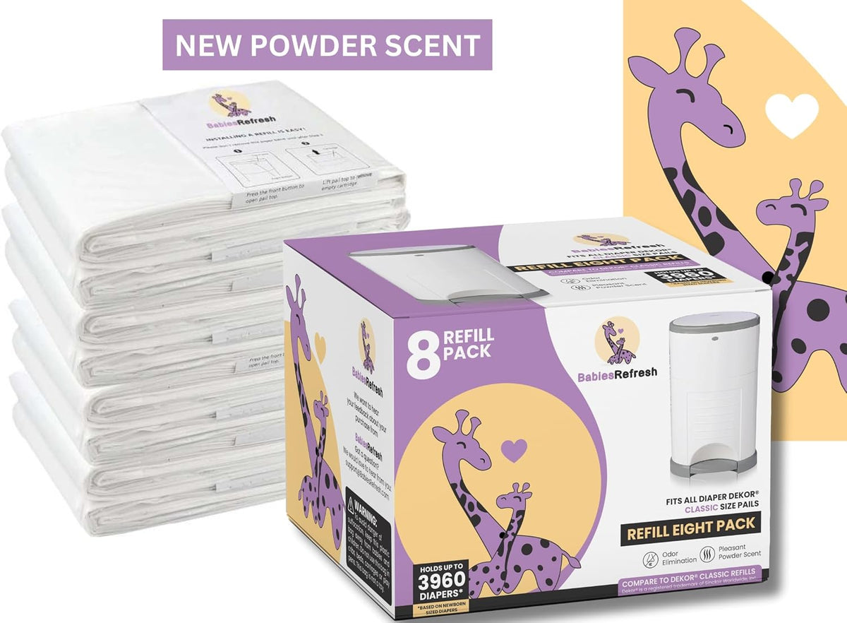 Refills Compatible with DEKOR PLUS Diaper Pail Refills | 8 Pack | Diaper Pail Odor Eliminator| Fresh Powder Scent | Each Diaper Bag Refill Holds up to 4640 Diapers | Diaper bin refill