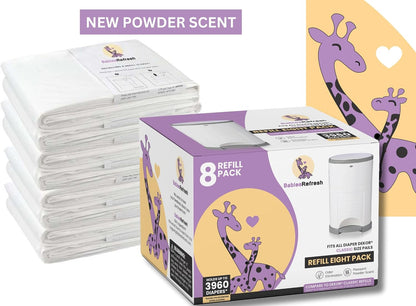 Refills Compatible with DEKOR PLUS Diaper Pail Refills | 8 Pack | Diaper Pail Odor Eliminator| Fresh Powder Scent | Each Diaper Bag Refill Holds up to 4640 Diapers | Diaper bin refill