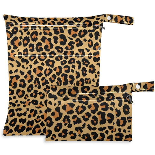 Leopard Grain 2Pcs Wet Bag with 2 Zippered Pockets Snap Handle Washable Reusable Roomy for Travel,Beach,Pool,Daycare,Stroller,Diapers,Dirty Gym Clothes, Wet Swimsuits, Toiletries