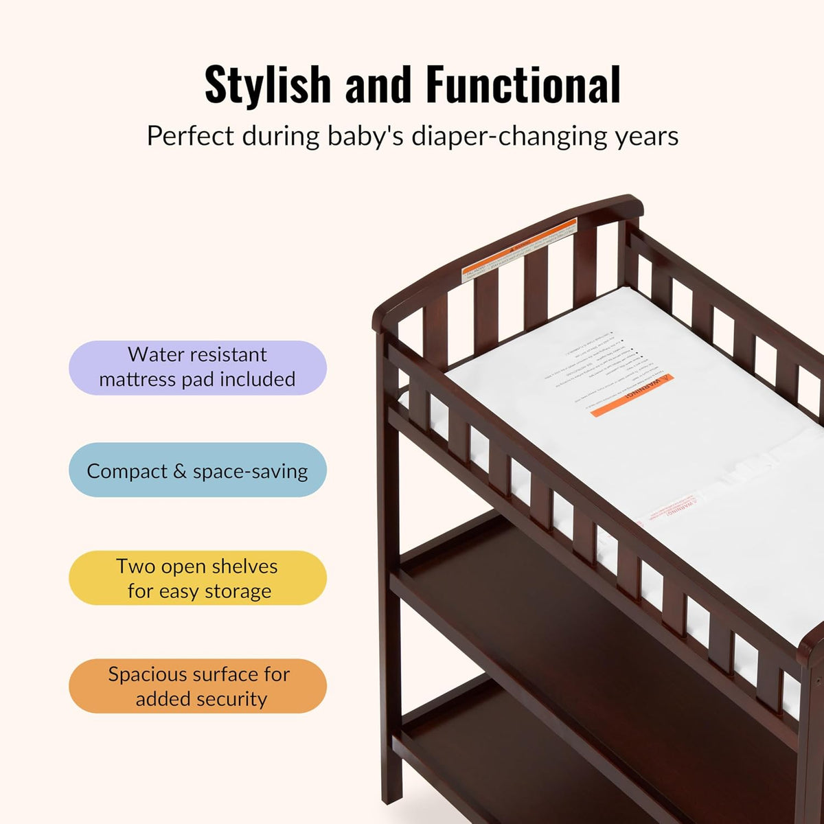 Emily Changing Table with Two Storage Shelves, White