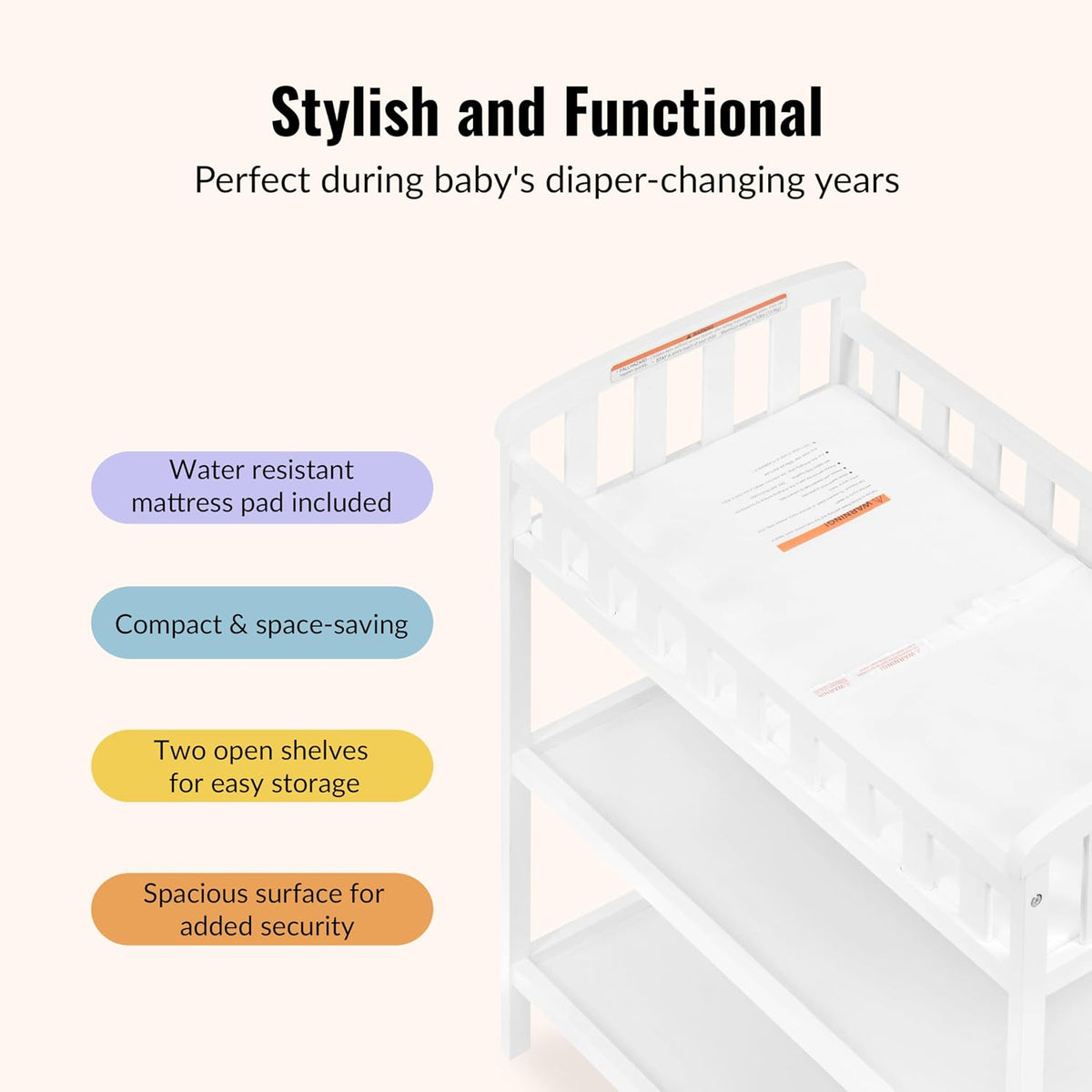 Emily Changing Table with Two Storage Shelves, White