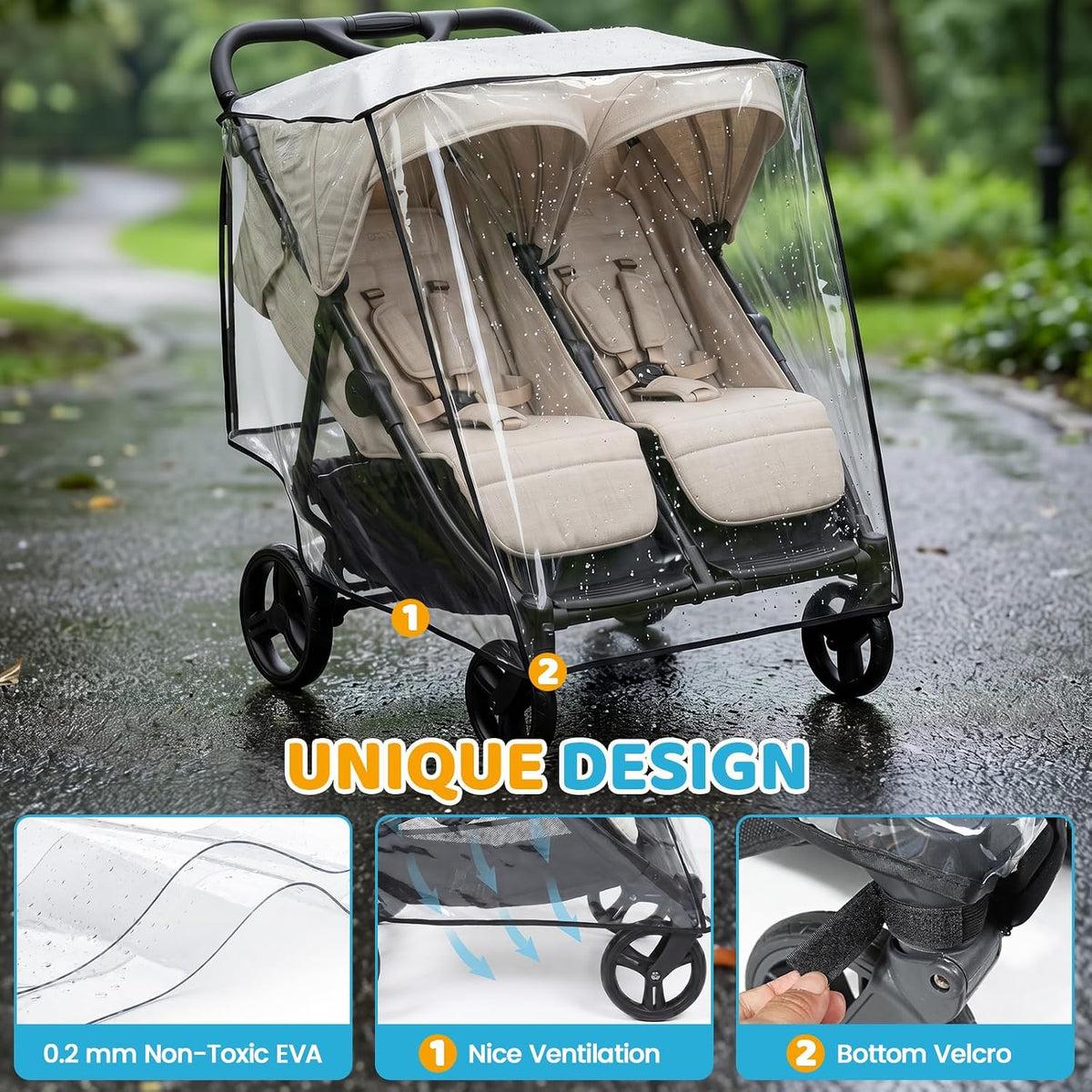 Double Stroller Rain Cover for Side by Side Stroller, Universal Fit, Clear