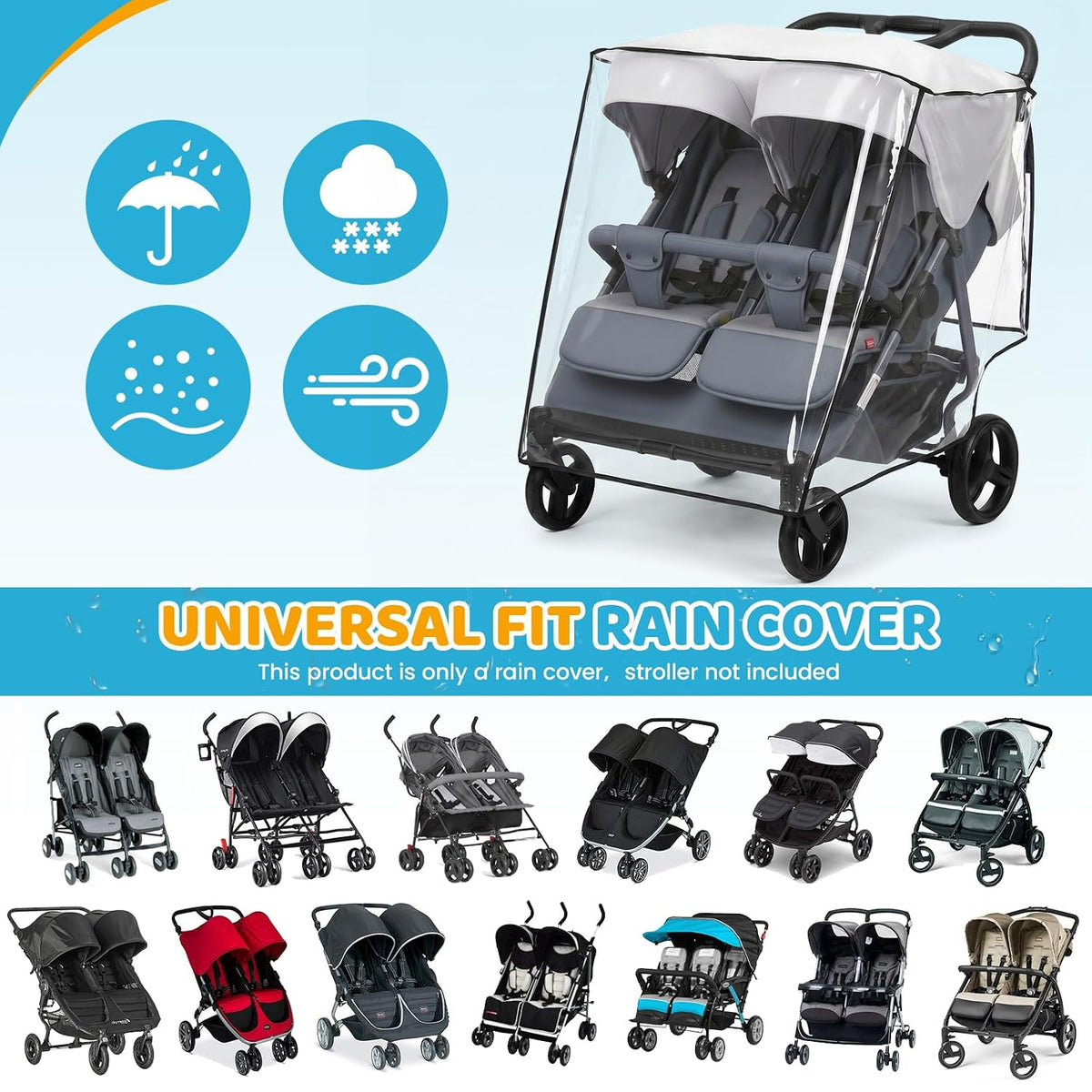 Double Stroller Rain Cover for Side by Side Stroller, Universal Fit, Clear
