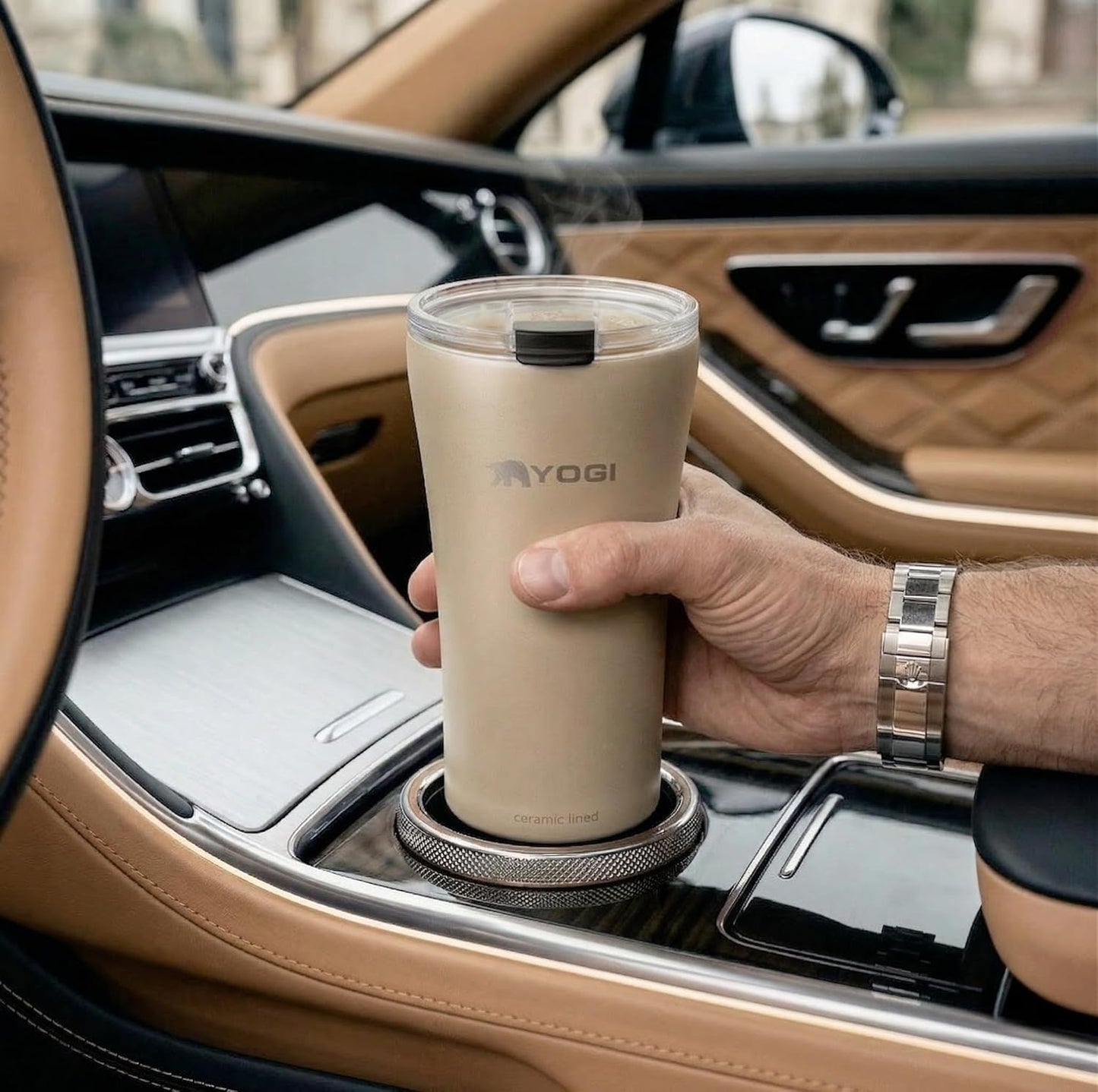 YOGI Elements 16oz Tumbler - Sandstone | Ceramic lined, no metallic taste, BPA free leakproof lid, fits most cupholders, cold 24 hrs hot 4 hrs, allergy safe