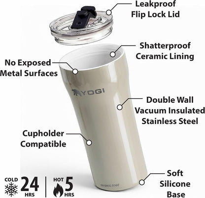 YOGI Elements 16oz Tumbler - Sandstone | Ceramic lined, no metallic taste, BPA free leakproof lid, fits most cupholders, cold 24 hrs hot 4 hrs, allergy safe