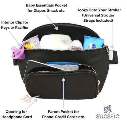 Fanny Pack Diaper Bag - with Baby Changing Pad & Waterproof Wipes Pocket - Stroller Organizer Black