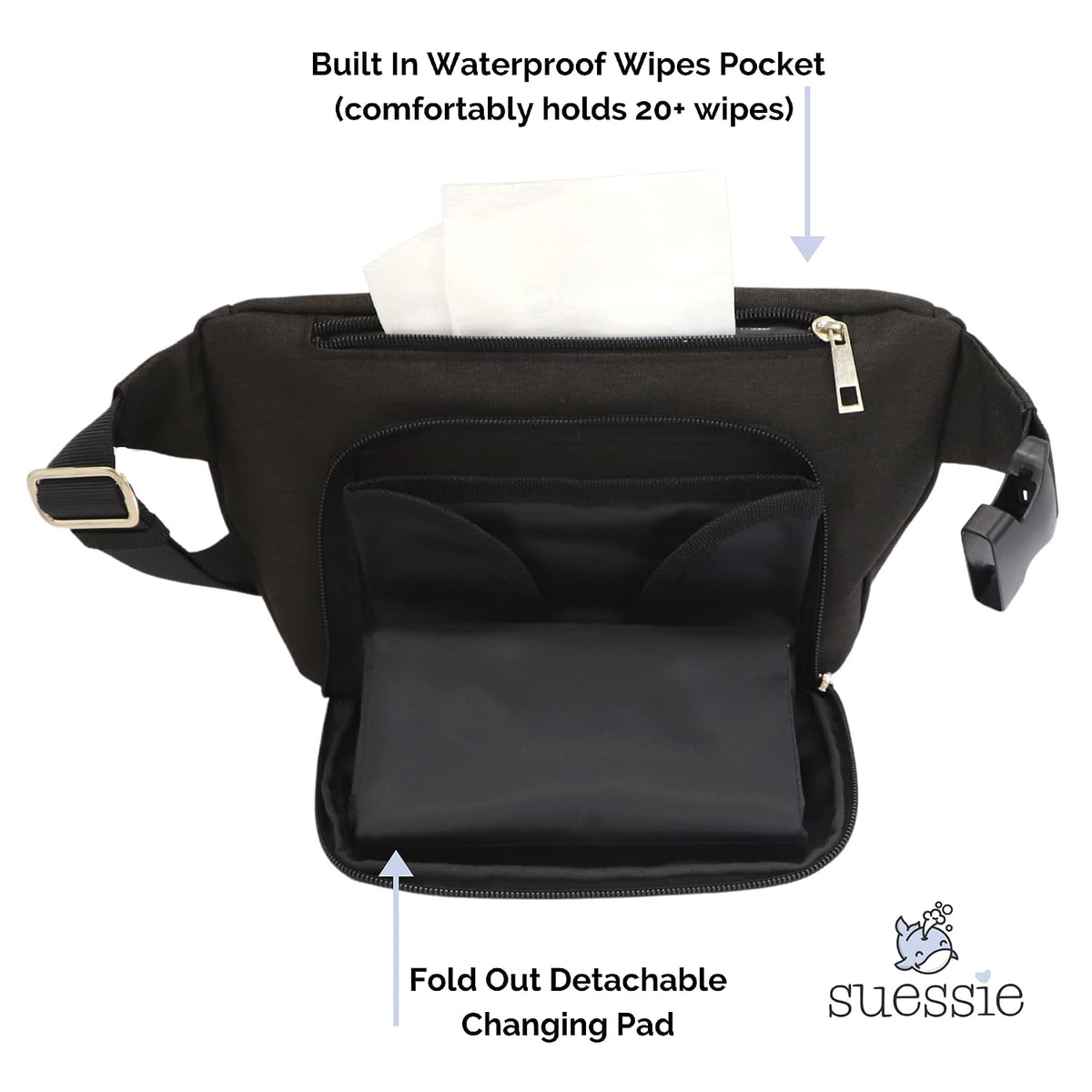 Fanny Pack Diaper Bag - with Baby Changing Pad & Waterproof Wipes Pocket - Stroller Organizer Black