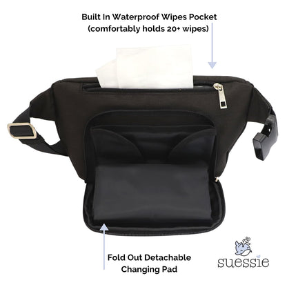 Fanny Pack Diaper Bag - with Baby Changing Pad & Waterproof Wipes Pocket - Stroller Organizer Black
