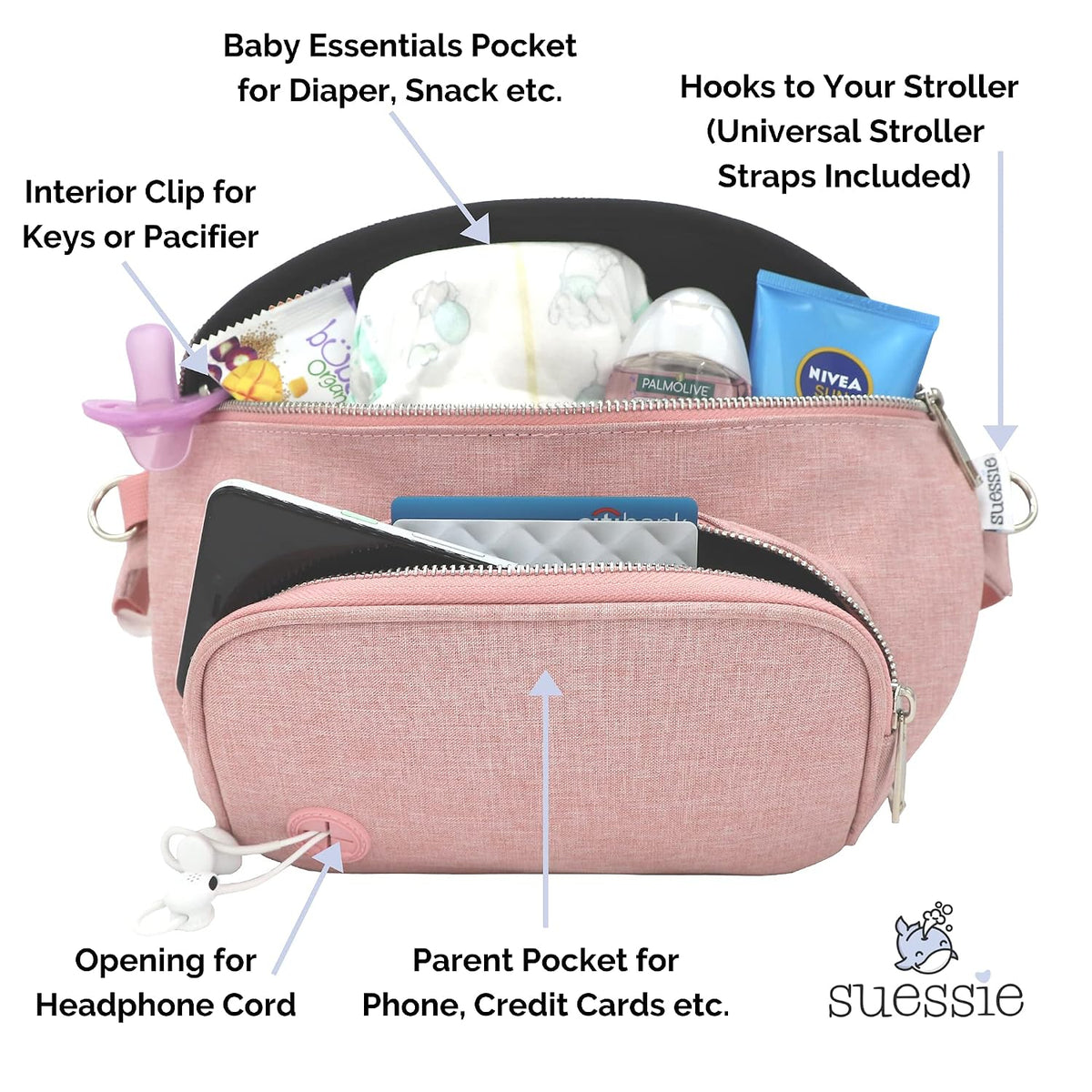 Fanny Pack Diaper Bag - with Baby Changing Pad & Waterproof Wipes Pocket - Stroller Organizer Black