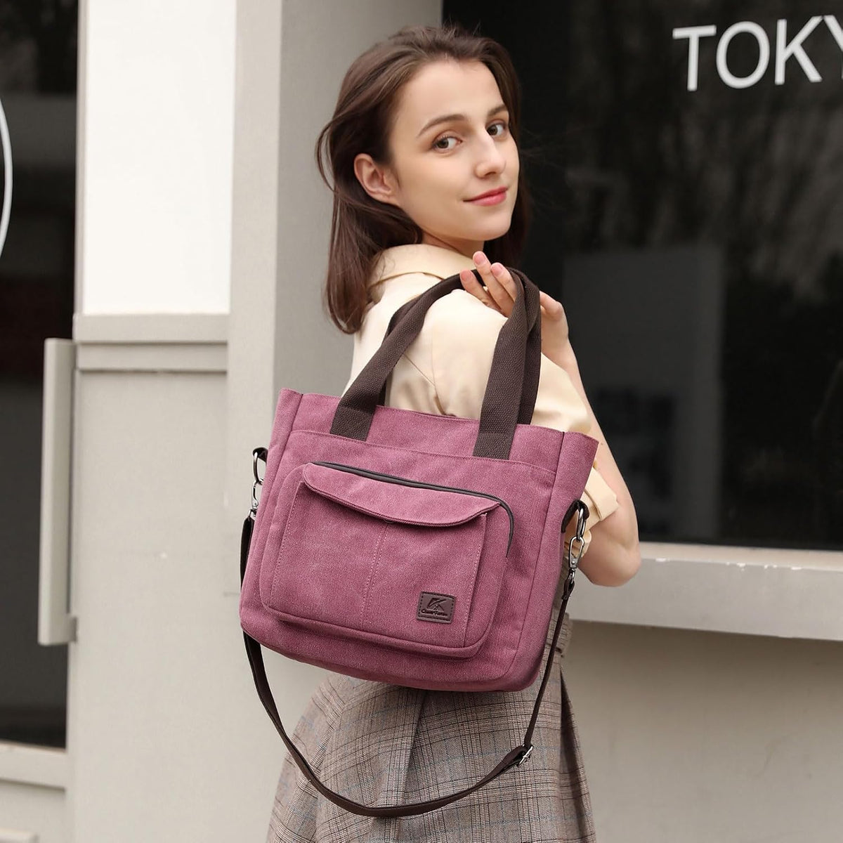 Women's Canvas Tote Purse Casual Shoulder Crossbody Bags Small Handbag, Multi-pocket Top Handle Work Bag
