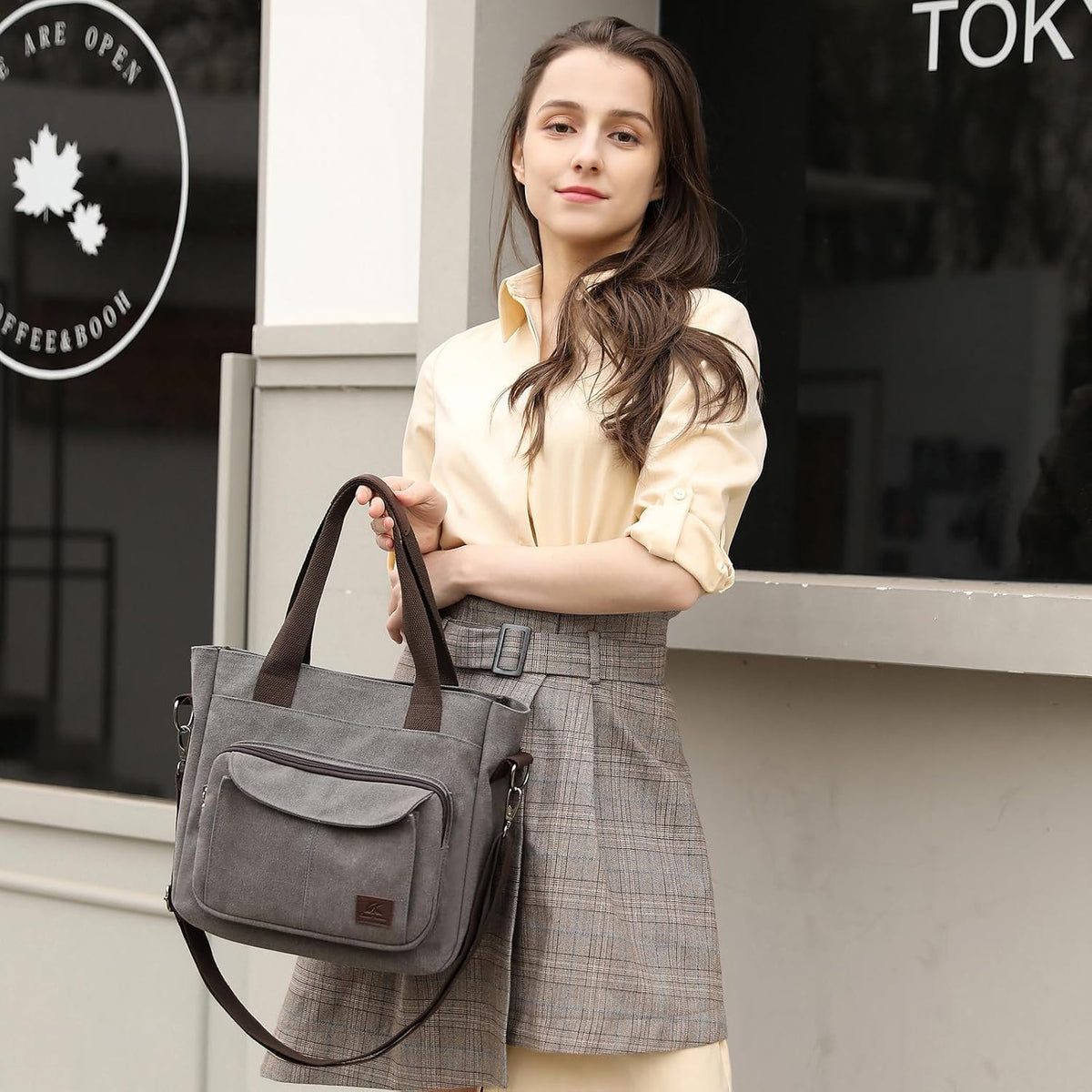 Women's Canvas Tote Purse Casual Shoulder Crossbody Bags Small Handbag, Multi-pocket Top Handle Work Bag