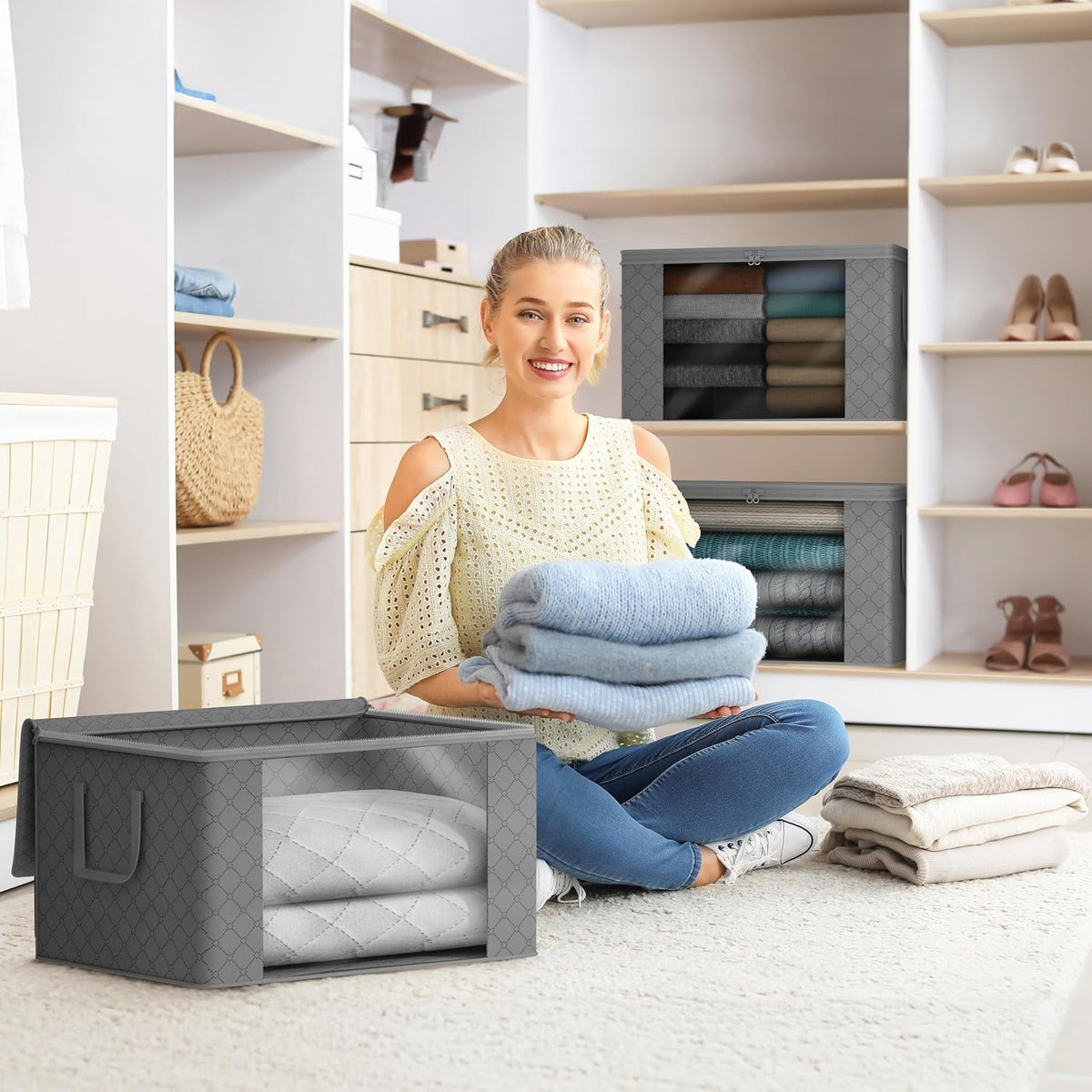Foldable Storage Bag Organizers, 3 Sections, Great for Clothes, Blankets, Closets, Bedrooms, and More