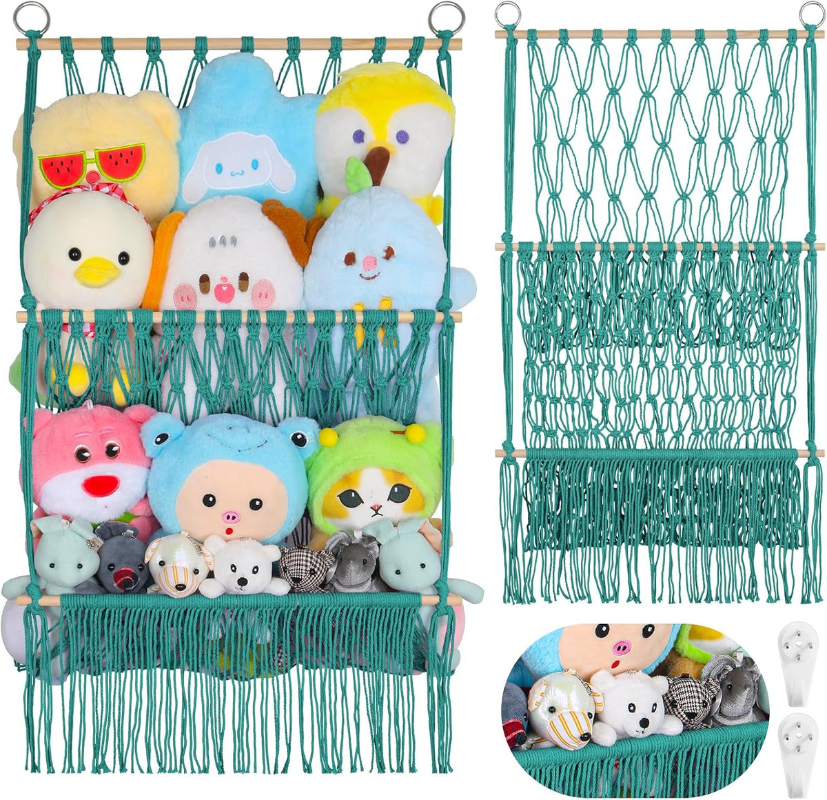 2 Tier Stuffed Animal Storage Net, Large Boho Stuffy Plushies Storage,Beige